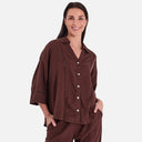 Blusa marrón de lino manga corta botones Freequent