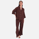 Blusa marrón de lino manga corta botones Freequent