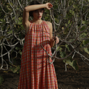 Vestido largo con fruncidos y encaje - Orfeo