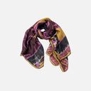 Pañuelo de seda estampado para mujer Surkana en tonos burdeos, marron, negro y mostaza