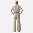 Conjunto de blusa y pantalón beige de rayas negras - PAN