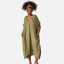 Vestido largo de lino natural amplio con bolsillos - DS Collection