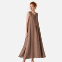 Vestido largo de lino natural con lazo en escote - DS Collection