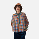 Blusa de cuadros multicolor Orfeo vista frontal con cuello en contraste y mangas con volumen