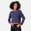 Vista frontal del jersey de rayas azul y marrón para mujer de Surkana